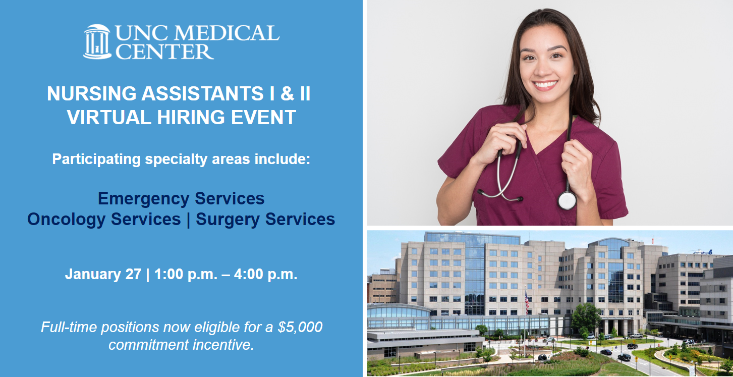 EVENT BANNER: UNCMC Nursing Assistant I & II Virtual Hiring Event (1.27.22)